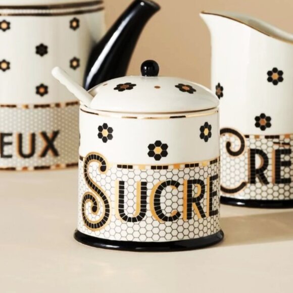 Anthropologie Bistro Tile Decaled Stoneware Sugar Bowl Pot 3 Pcs Set New - Picture 4 of 7